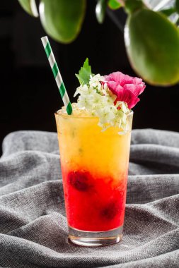 Portakal suyu ve Red Tequila Sunrise ile nefis bir kokteyl. Gri arka plan restoranında buzlu bir bardak. Egzotik kırmızı yaz içkisi. Bar alkol menüsü, afiyet olsun. dikey