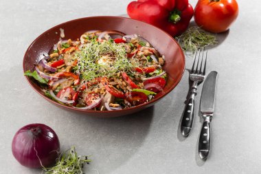 Kiraz domatesli dana salatası, siyah arka planda siyah tabakta mantar. Beyaz arka planda plaka, kopyalama alanı. Restoran yemekleri, kapatın. Et salatası. Yatay fotoğraf.