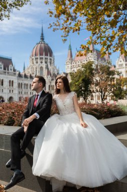 Gelin ve damat eski kasaba caddesinde sarılıyor. Düğün çifti Budapeşte 'de Parlamento Binası yakınlarında oturuyor. Kafkasyalı mutlu romantik çift evliliklerini kutluyor. Düğün ve aşk konsepti.