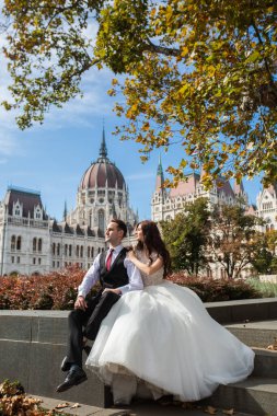 Gelin ve damat eski kasaba caddesinde sarılıyor. Düğün çifti Budapeşte 'de Parlamento Binası yakınlarında oturuyor. Kafkasyalı mutlu romantik çift evliliklerini kutluyor. Düğün ve aşk konsepti.