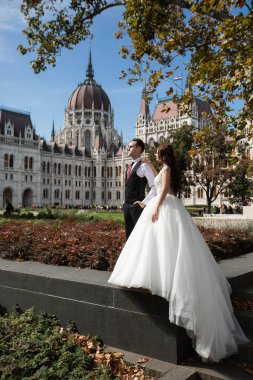 Gelin ve damat eski kasaba caddesinde sarılıyor. Düğün çifti Budapeşte 'de Parlamento Binası yakınlarında yürüyor. Kafkasyalı mutlu romantik çift evliliklerini kutluyor. Düğün ve aşk konsepti.