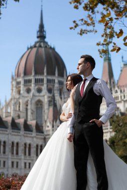 Gelin ve damat eski kasaba caddesinde sarılıyor. Düğün çifti Budapeşte 'de Parlamento Binası yakınlarında yürüyor. Kafkasyalı mutlu romantik çift evliliklerini kutluyor. Düğün ve aşk konsepti.