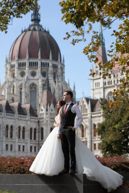 Gelin ve damat eski kasaba caddesinde sarılıyor. Düğün çifti Budapeşte 'de Parlamento Binası yakınlarında yürüyor. Kafkasyalı mutlu romantik çift evliliklerini kutluyor. Düğün ve aşk konsepti.
