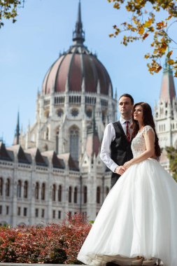 Gelin ve damat eski kasaba caddesinde sarılıyor. Düğün çifti Budapeşte 'de Parlamento Binası yakınlarında yürüyor. Kafkasyalı mutlu romantik çift evliliklerini kutluyor. Düğün ve aşk konsepti.