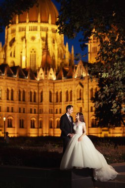 Gelin ve damat eski kasaba caddesinde sarılıyor. Düğün çifti Budapeşte 'de Parlamento Binası yakınlarında gece yürüyüşe çıkıyor. Evliliklerini kutlayan mutlu romantik genç çift. Düğün ve aşk konsepti.