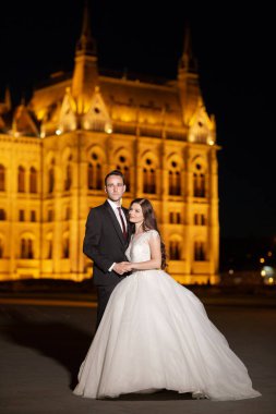 Gelin ve damat eski kasaba caddesinde sarılıyor. Düğün çifti Budapeşte 'de Parlamento Binası yakınlarında gece yürüyüşe çıkıyor. Evliliklerini kutlayan mutlu romantik genç çift. Düğün ve aşk konsepti.