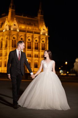 Gelin ve damat eski kasaba caddesinde sarılıyor. Düğün çifti Budapeşte 'de Parlamento Binası yakınlarında gece yürüyüşe çıkıyor. Evliliklerini kutlayan mutlu romantik genç çift. Düğün ve aşk konsepti.