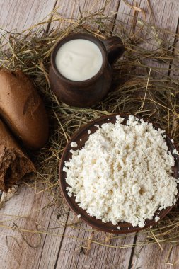 Tahta bir kâse içinde taze süzme peynir ve bir kaşık, ahşap arka planda bir kavanoz ekşi krema. Protein ve kalsiyum açısından zengin sağlıklı süt ürünü, düşük yağlı yumuşak beyaz peynir.