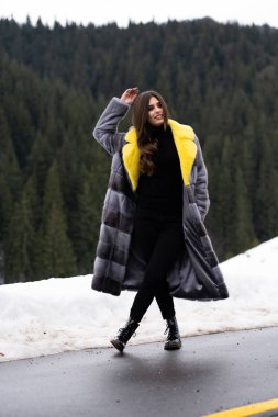 Kış dağlarında yolda poz veren bir kız. Gülümseyen, şık sarı ve gri uzun kürklü bir kadın. Kürk ve moda konsepti. Güzel insanlar..