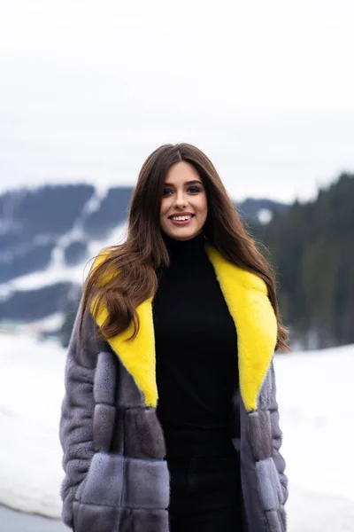 Kış dağlarında yolda poz veren bir kız. Gülümseyen, şık sarı ve gri uzun kürklü bir kadın. Kürk ve moda konsepti. Güzel insanlar..