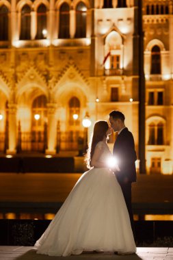 Gelin ve damat eski kasaba caddesinde sarılıyor. Düğün çifti Budapeşte 'de Parlamento Binası yakınlarında gece yürüyüşe çıkıyor. Evliliklerini kutlayan mutlu romantik genç çift. Düğün ve aşk konsepti.