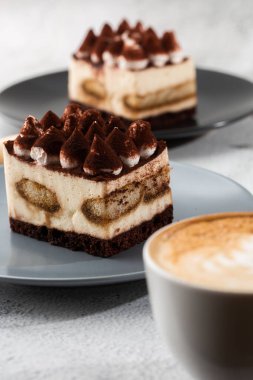Tiramisu, mascarpone ve kahveli klasik tatlı. Hafif mermer arka planda koyu bir tabakta nefis bir Tiramisu keki. Dikey fotoğraf.