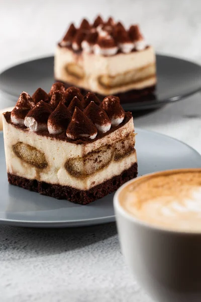 Tiramisu, mascarpone ve kahveli klasik tatlı. Hafif mermer arka planda koyu bir tabakta nefis bir Tiramisu keki. Dikey fotoğraf.