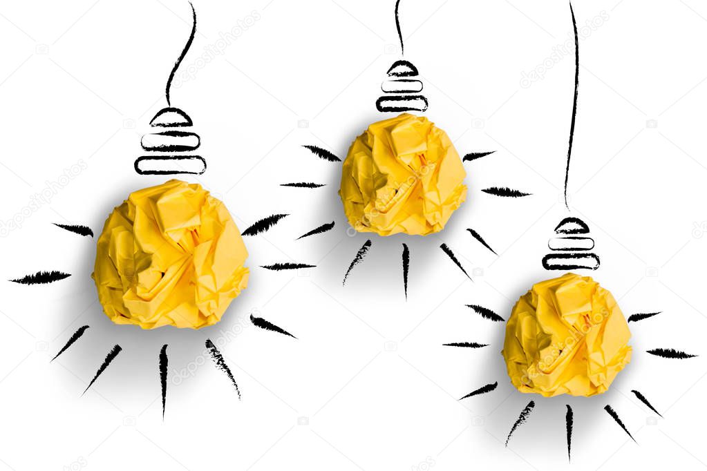 crumpled paper light bulbs shapes on white background