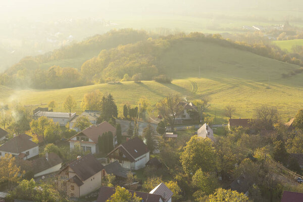 European rural village in sunset soft light. aerial view of scenic village