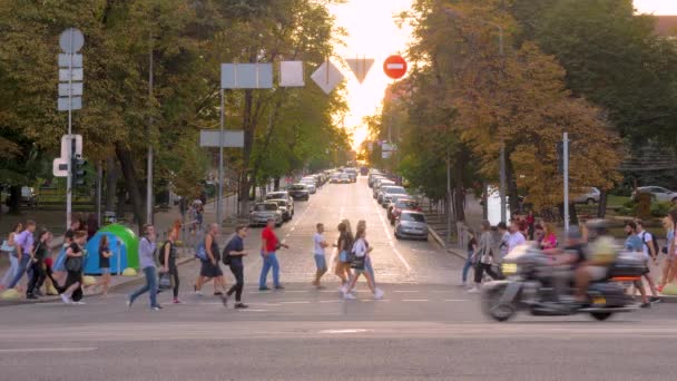 Folk går på gatan. Folkets gata i den moderna staden. Rörelse av publiken från bakom korsningen gatan. Stadsscenen i staden. En hektisk sommardag i stan. Bilar och förbipasserande i staden — Stockvideo