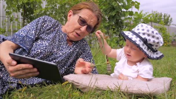 Gadgets and children. Summertime spending outdoor. Family holiday. Childhood, babyhood concept. Toddler with nanny outdoor. Grandmother with grandchild lying on green grass. — ストック動画