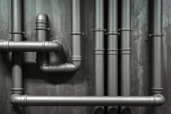 Close up of a wall with pipes. Metallic tubes wall texture. Black barrel and tubing - concept. Silver pipeline system. Tubing concept. Difficult communication, retro, texture a lot of pipes — Stock Photo, Image