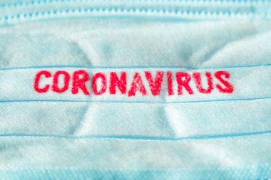 Coronavirus background. Covid-19 - Wuhan Novel Coronavirus pneumonia: COVID-19. Disposable dressing on the face. Healthcare background. Blue medical disposable face mask with covid-19 print