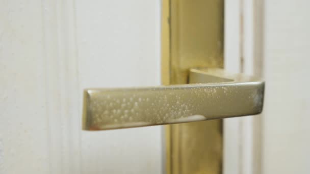 Limpeza da porta da frente e maçaneta da porta, limpeza de superfícies com luvas de proteção para desinfectar e lavar superfícies para proteger contra o Coronavirus ou Covid-19. Desinfecção de vírus e bactérias — Vídeo de Stock