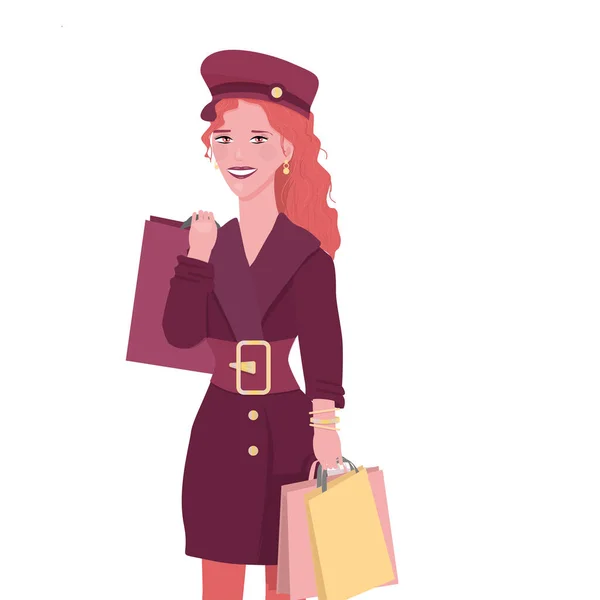 Счастливая рыжая девушка ходит по магазинам с кучей покупок. Изолировать на белом фоне . — стоковый вектор