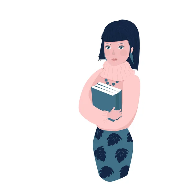 Duur meisje met boeken in een trui geïsoleerd op een witte achtergrond. stripfiguur. — Stockvector