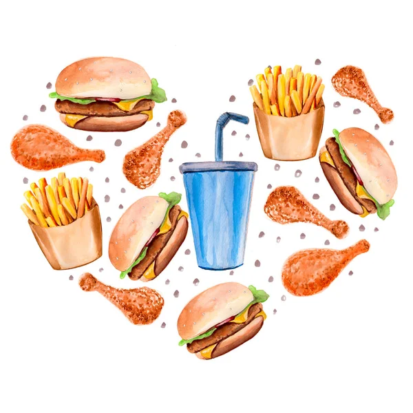 Watercolor illustration of heart shaped fast food elements — Stock Photo, Image