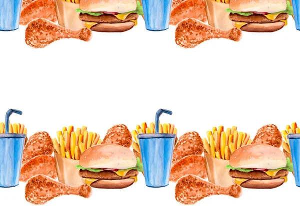 Fundo sem costura horizontal de um conjunto de fast food com lugar para texto — Fotografia de Stock