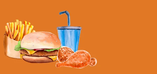 Acquerello con hamburger, patatine fritte e un drink. Con posto per il testo . — Foto Stock