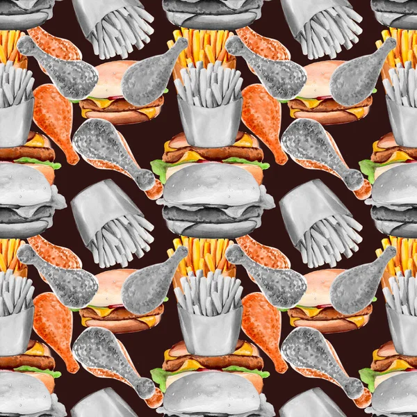 有汉堡包、薯条、可乐和鸡腿的黑白水彩图案. — 图库照片
