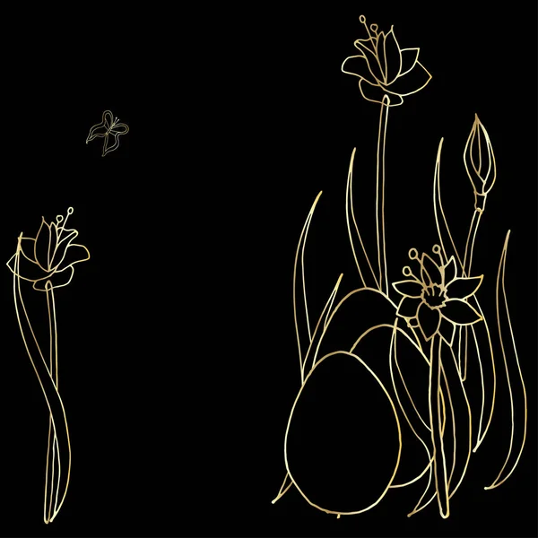 Złoty zarys rysunku na czarnym tle. Zajączek wielkanocny ukrywa jaja w kwiatach — Wektor stockowy