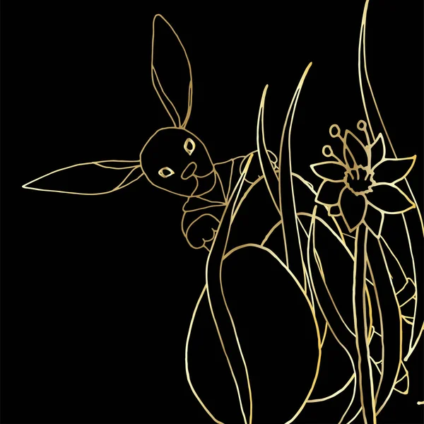 Gouden schets op een zwarte achtergrond. Paashaas verbergt eieren in bloemen — Stockvector