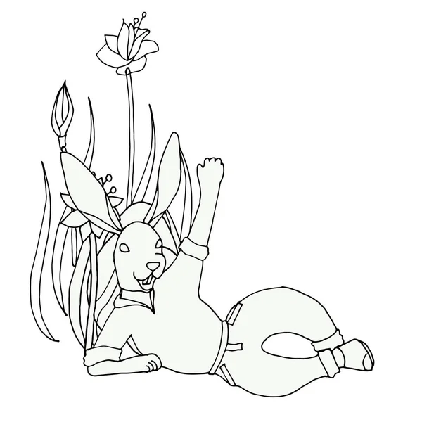 El conejo de Pascua esconde huevos en flores. Libro para colorear en blanco y negro en el estilo de dibujo a mano . — Archivo Imágenes Vectoriales