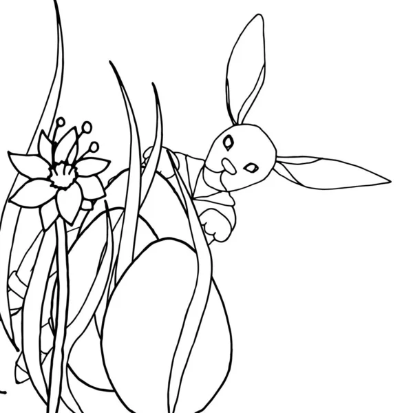 Osterhase versteckt Eier in Blumen Schwarz-weißes Malbuch im Stil der Handzeichnung. — Stockvektor