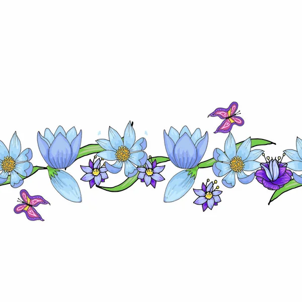 Naadloos horizontaal patroon van bloemen in doodle stijl — Stockvector
