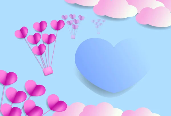 Papper schnitt Banner mit Herzen und Wolken zum Valentinstag. — Stockvektor
