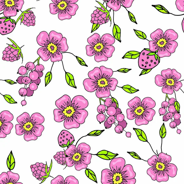 Seamless pattern with spring pink flowers hand-drawn on a white background — Stock Vector