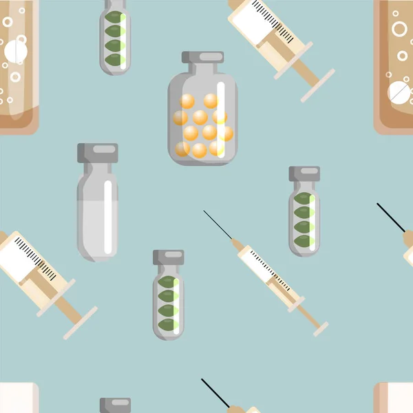 錠剤、ワクチン、ビタミンや注射器でシームレスな背景。医学的特性の違い — ストックベクタ