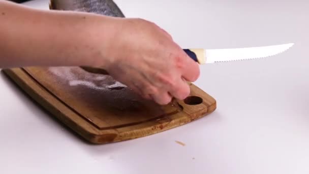 Chef Hands Prepare Raw Fish Cutting Board Closeup Woman Cooking — Stock Video