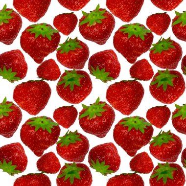 Çileklerin kusursuz deseni beyaz bir arka planda izole edilmiş. Kumaş ya da duvar kağıdı üzerine yazdırmak için uygun.