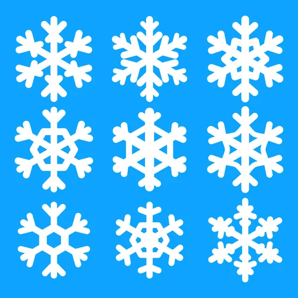 Комплект, коллекция векторных снежинок. Плоские иконы, силуэты снежинки. Элемент для рождества и новогоднего дизайна — стоковый вектор