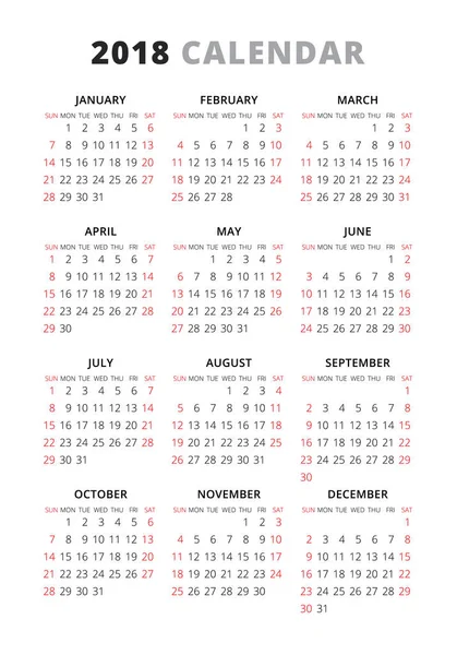 2018 roku prosty styl tekstu kalendarza. Tydzień zaczyna się od niedzieli — Wektor stockowy