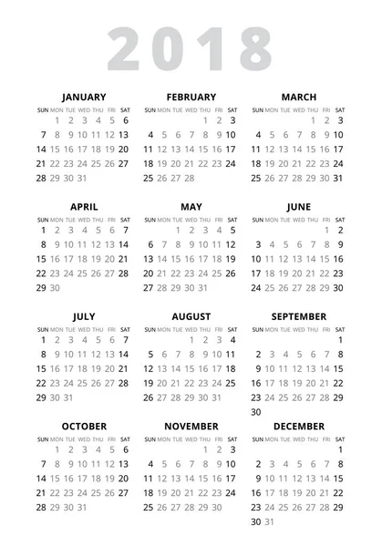 2018 year simple style text calendar. Week starts from sunday — Stock Vector