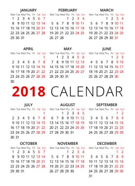 2018 yıl basit tarzı metin takvim. Hafta Pazartesi başlıyor