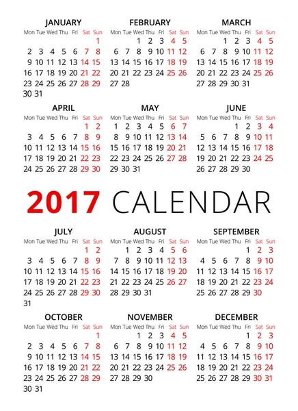 2017 r. Kalendarz na białym tle. Tydzień rozpoczyna poniedziałek — Wektor stockowy