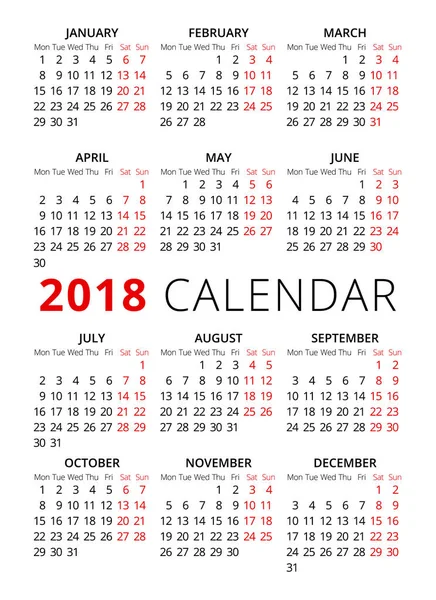 Année 2018 calendrier texte de style simple. Semaine commence à partir de lundi — Image vectorielle