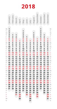 Basit 2018 yıl takvim haftası Pazartesi başlar.