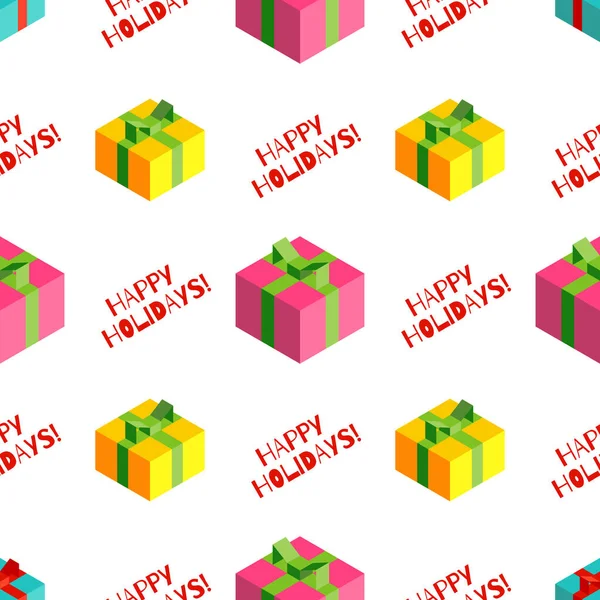 ギフトボックスとグリーティングカード 招待状 バナー ファブリックデザインのためのお祝いのレタリングとクリスマスシームレスなパターン — ストックベクタ