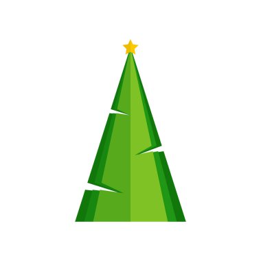 Yeşil Noel ağacı, beyaz arka planda izole edilmiş, şenlikli bir şekilde eğiliyor. Tebrik kartı, poster, davet, web pankartı için vektör düz illüstrasyon.