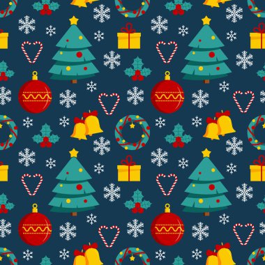 Mavi arka planda renksiz simgeleri olan kusursuz bir Noel deseni. Kutlama kartları, davetiyeler, duvar kağıtları, kumaş, tekstil, paket, ambalaj için Xmas tatil vektör yüzey tasarımı.